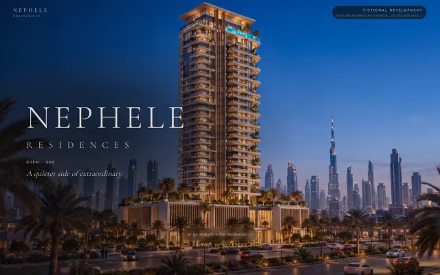 Erster Bildschirm von NEPHELE Residences: ein beleuchteter Wohnturm vor der Skyline von Dubai bei Nacht