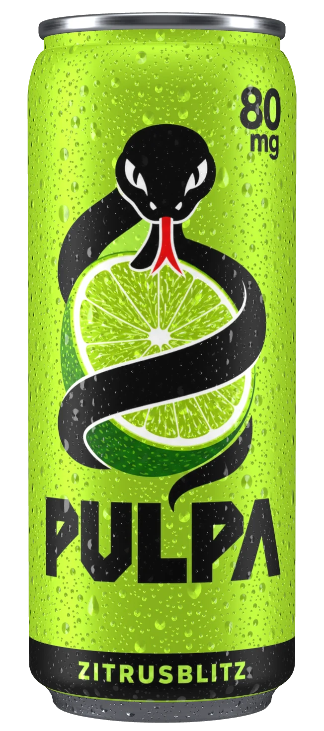 Hellgrüne Dose PULPA Zitrusblitz, eine schwarze Schlange um eine Limette