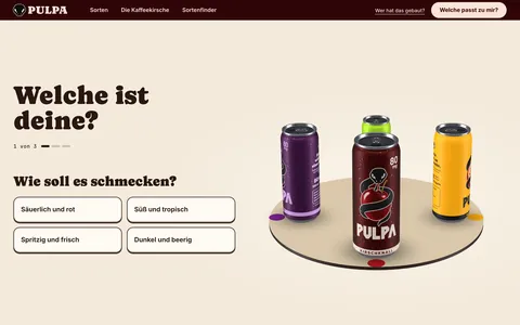 Standbild des Sortenfinders: die Frage Wie soll es schmecken mit vier Antworten, daneben vier Dosen auf einem Drehteller